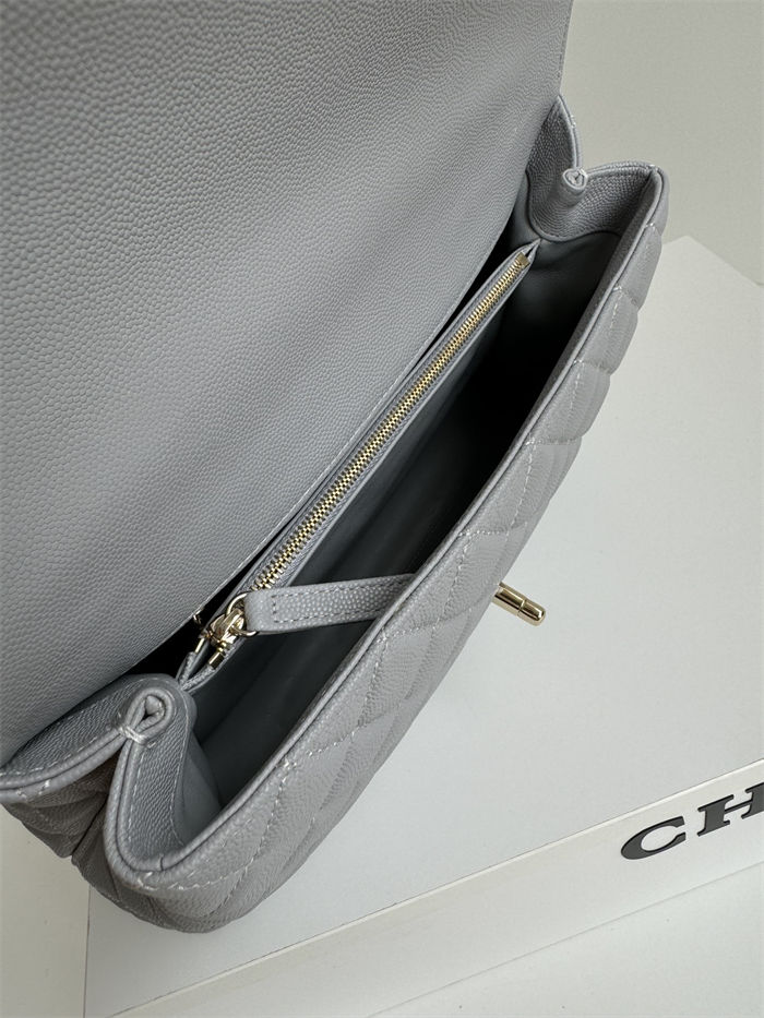 FLAP BAG WITH TOP HANDLE Grained Calfskin Grey-binding Gold Metal High