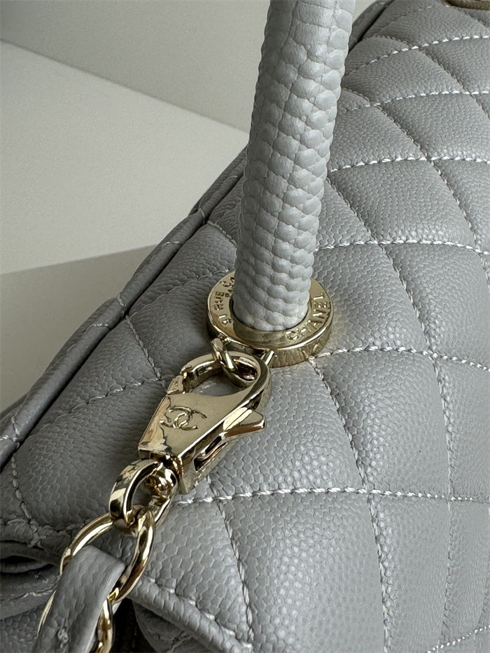 FLAP BAG WITH TOP HANDLE Grained Calfskin Grey-binding Gold Metal High