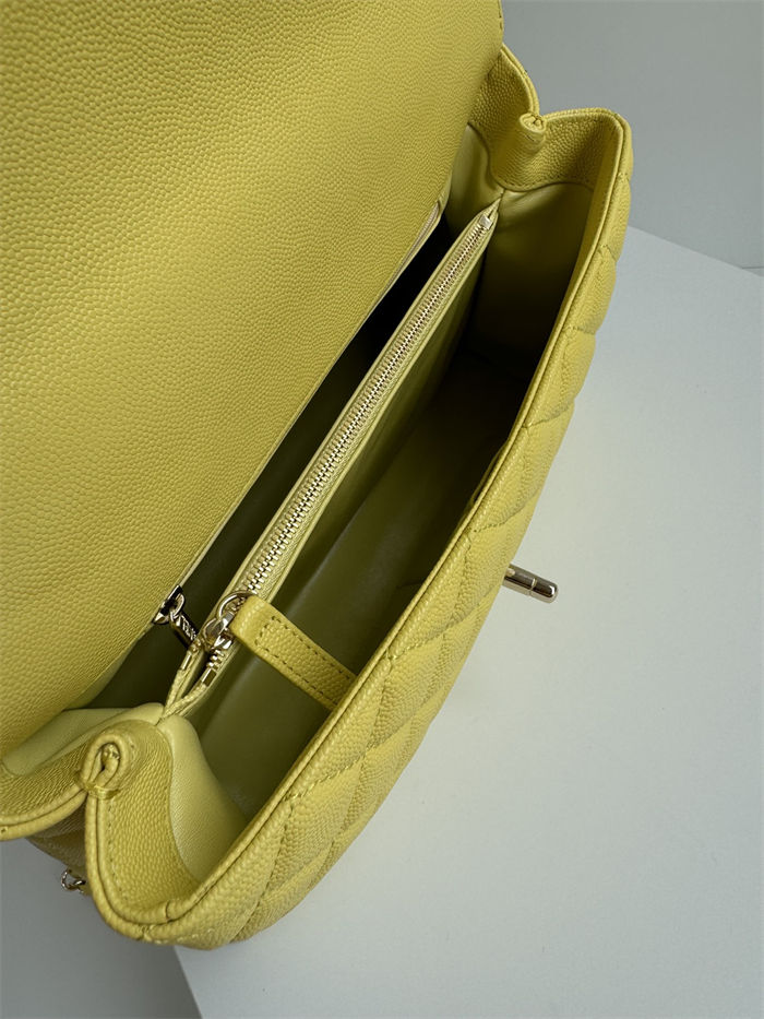 FLAP BAG WITH TOP HANDLE Grained Calfskin Yellow-binding Gold Metal High