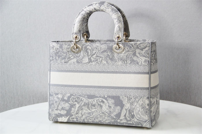 LARGE LADY D-LITE BAG Toile de Jouy Reverse Embroidery Grey High