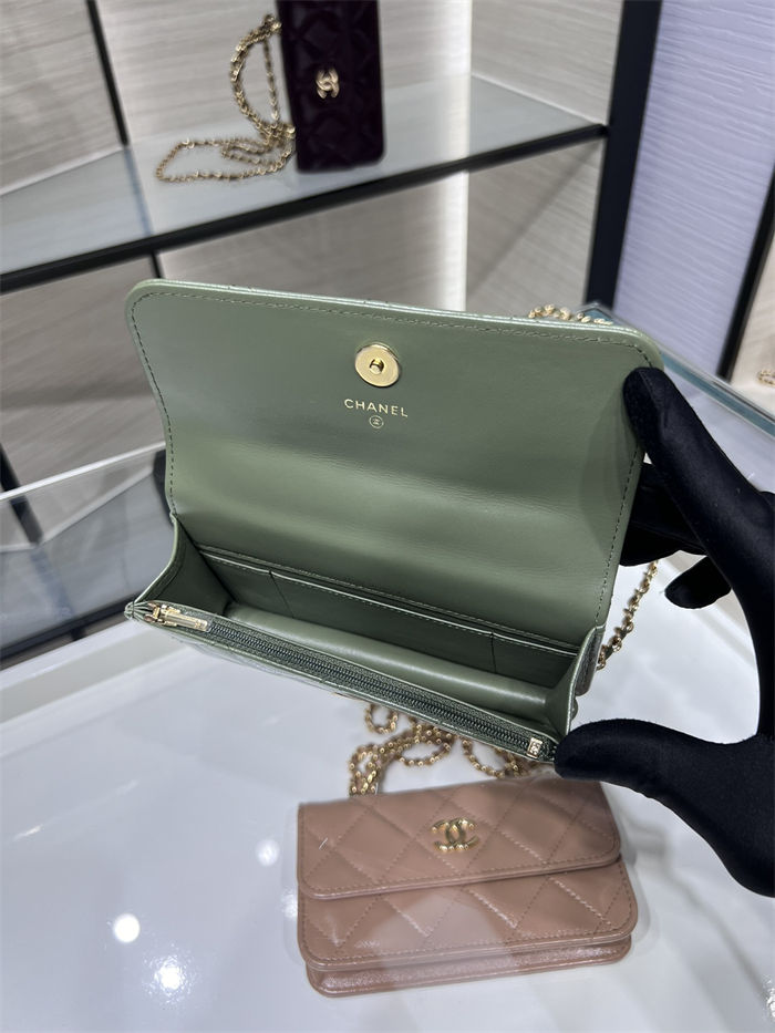 Chanel FLAP PHONE HOLDER WITH CHAIN AP4167 Shiny Lambskin & Gold-Tone Metal Green High