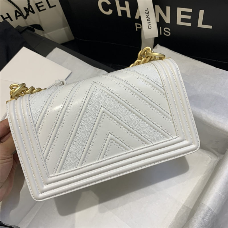 BOY Chanel HANDBAG Chevrons Pattern Calfskin White A