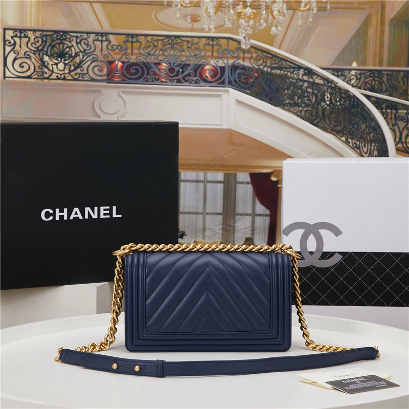 BOY Chanel HANDBAG Chevrons Pattern Lambskin Navy Blue High