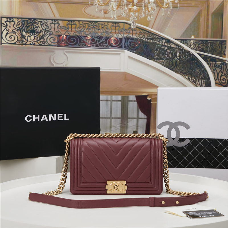 BOY Chanel HANDBAG Chevrons Pattern Lambskin Burgundy B