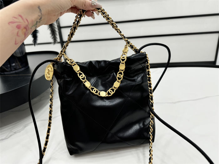 Chanel 22 MINI HANDBAG Shiny Calfskin Black, Imitation Pearls & Gold-Tone Metal AS3980 High