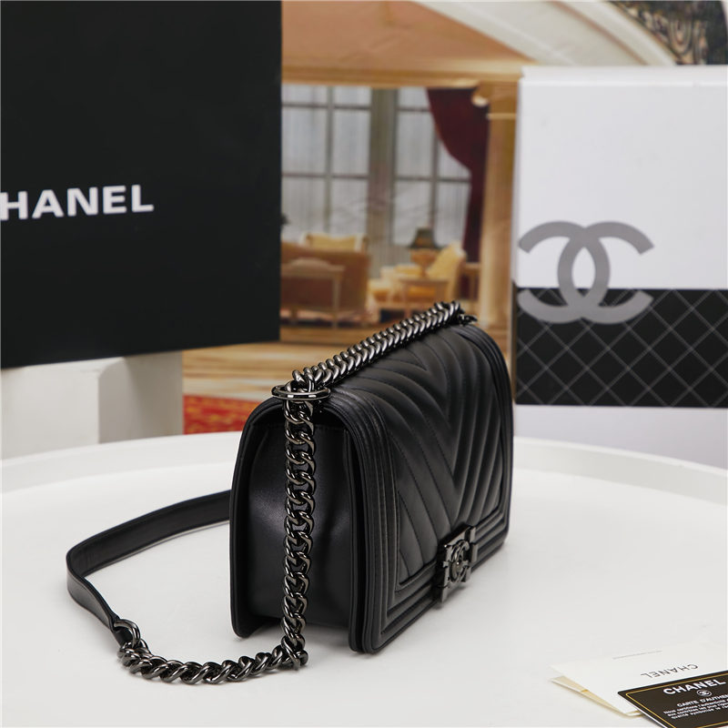 BOY Chanel HANDBAG Chevrons Pattern Lambskin Black B