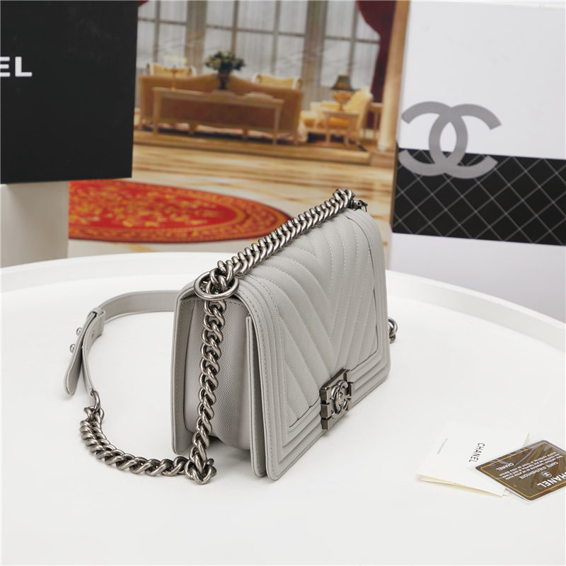 BOY Chanel HANDBAG Chevrons Pattern Grained Calfskin Grey B