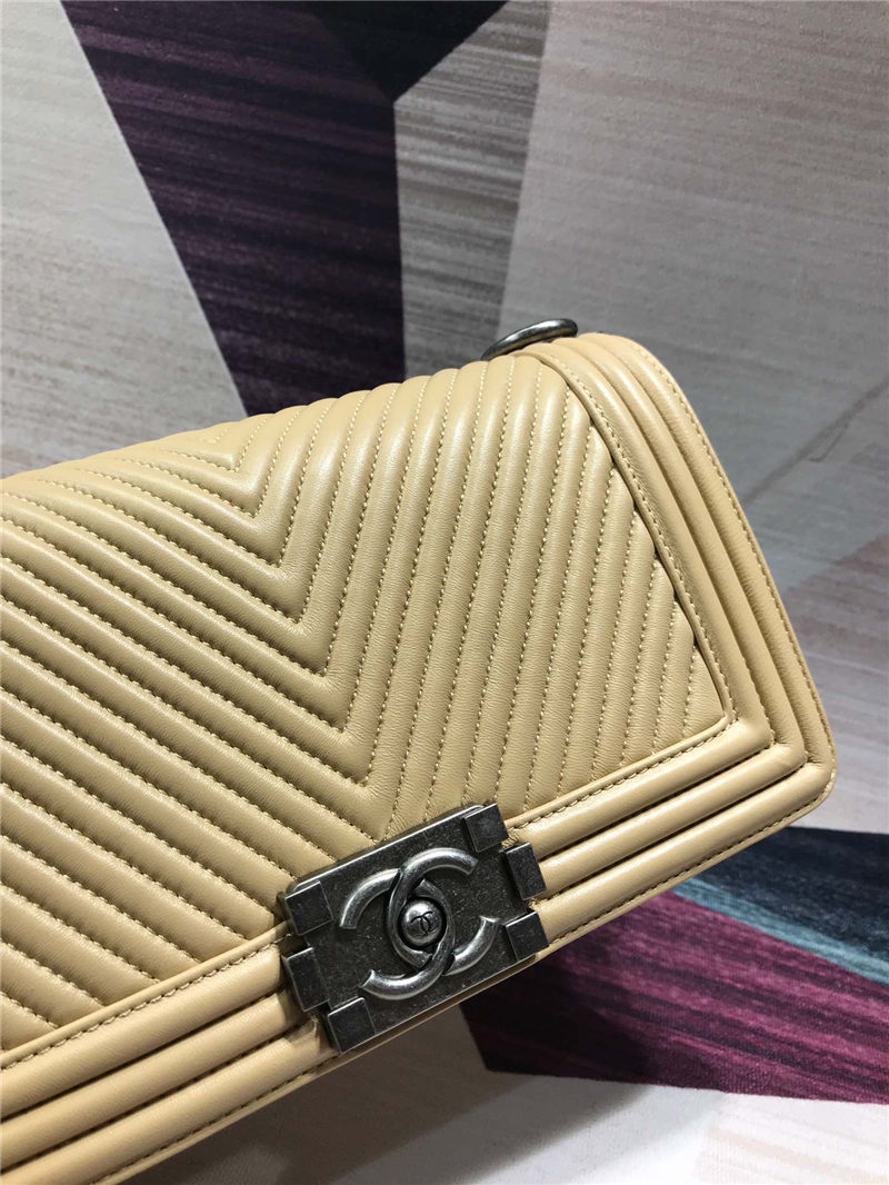 BOY Chanel HANDBAG Chevrons Pattern Lambskin Beige B