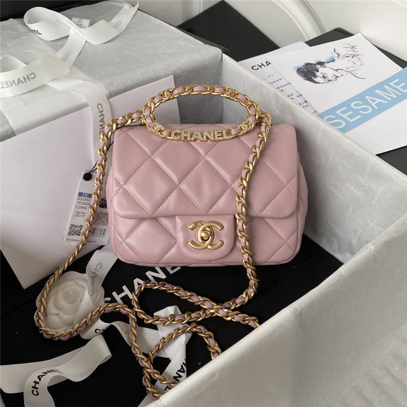 Chanel Mini Flap Bag with Handle Lambskin & Gold-Tone Metal AS3450 Pink A