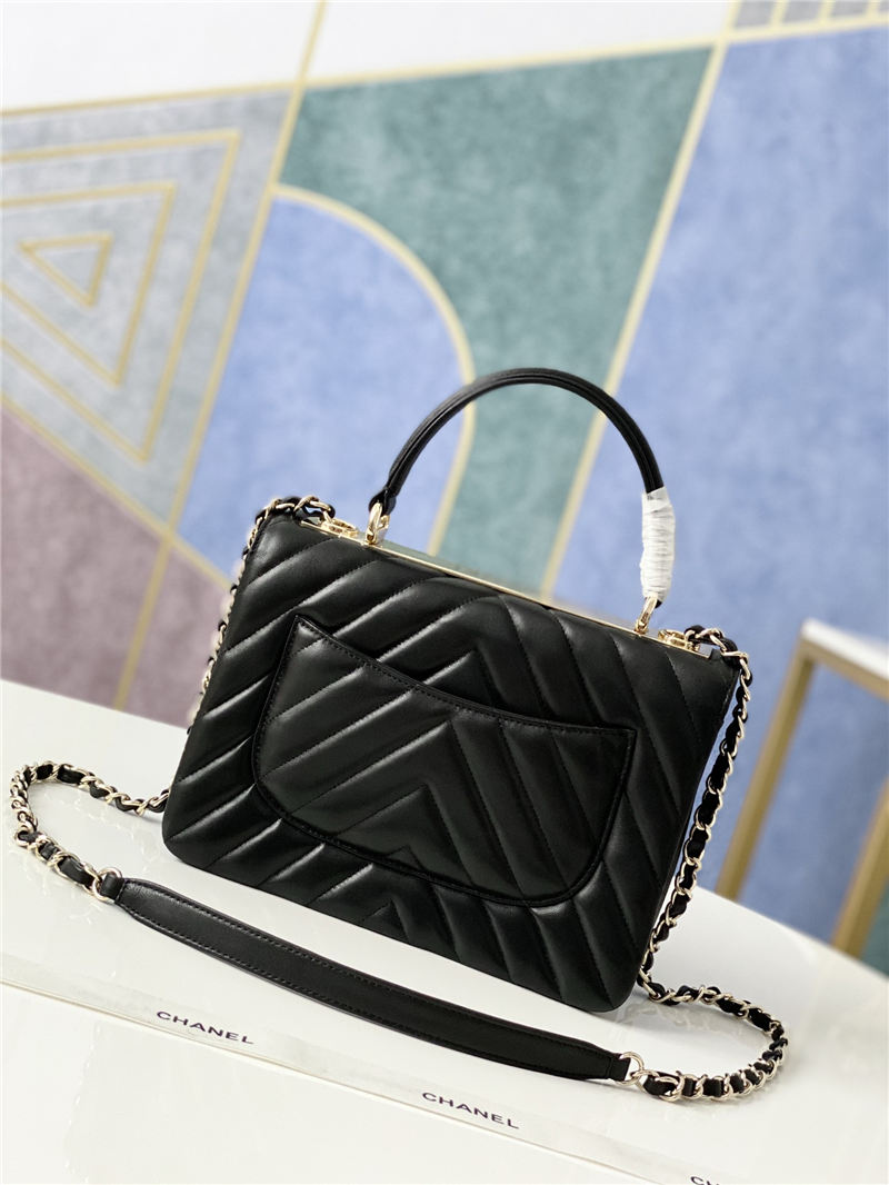 SMALL FLAP BAG WITH TOP HANDLE Chevrons Pattern Lambskin Gold Metal Black A