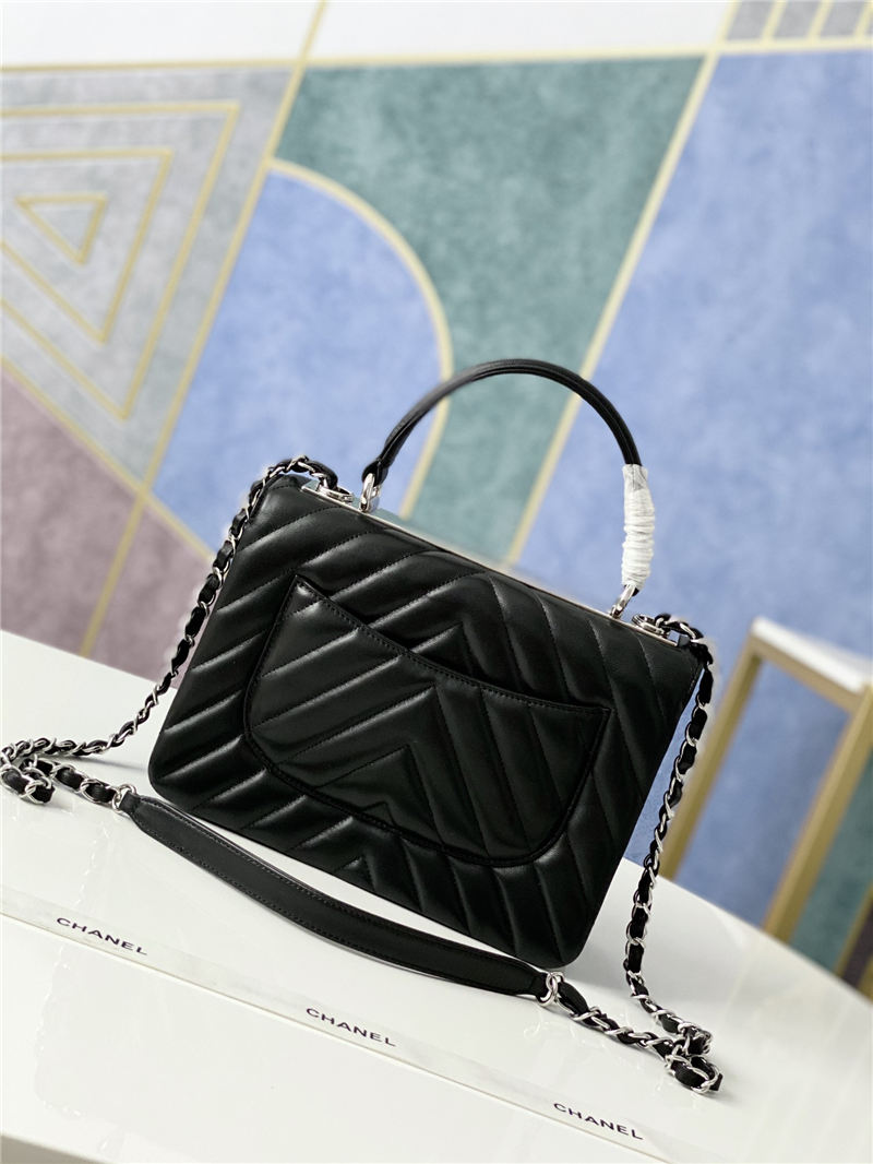 SMALL FLAP BAG WITH TOP HANDLE Chevrons Pattern Lambskin Silver Metal Black A