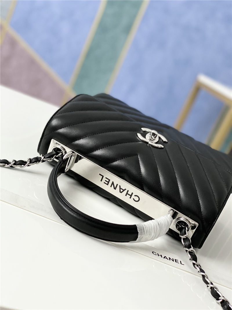 SMALL FLAP BAG WITH TOP HANDLE Chevrons Pattern Lambskin Silver Metal Black A