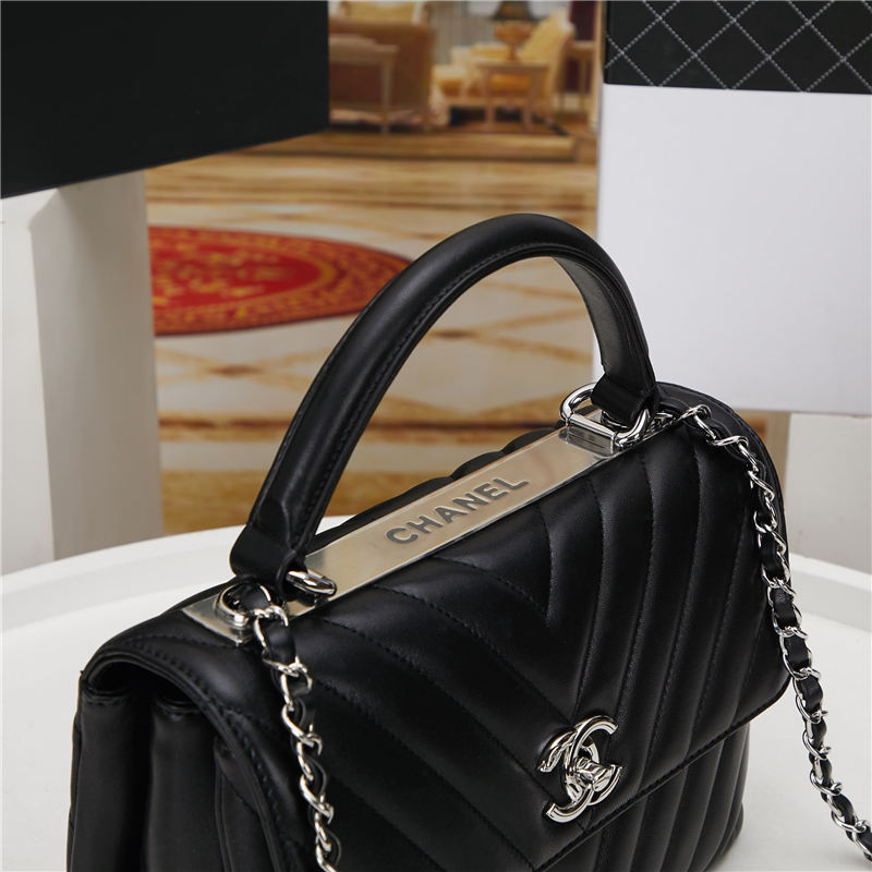 SMALL FLAP BAG WITH TOP HANDLE Chevrons Pattern Lambskin Silver Metal Black B