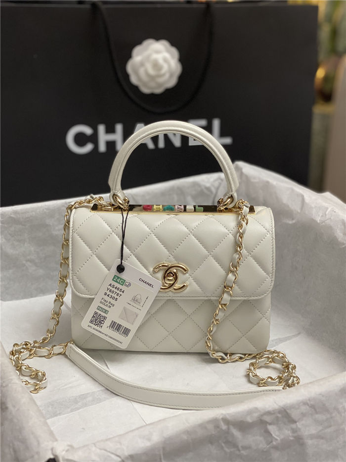 Chanel MINI FLAP BAG WITH TOP HANDLE AS4654 Lambskin & Gold-Tone Metal White A