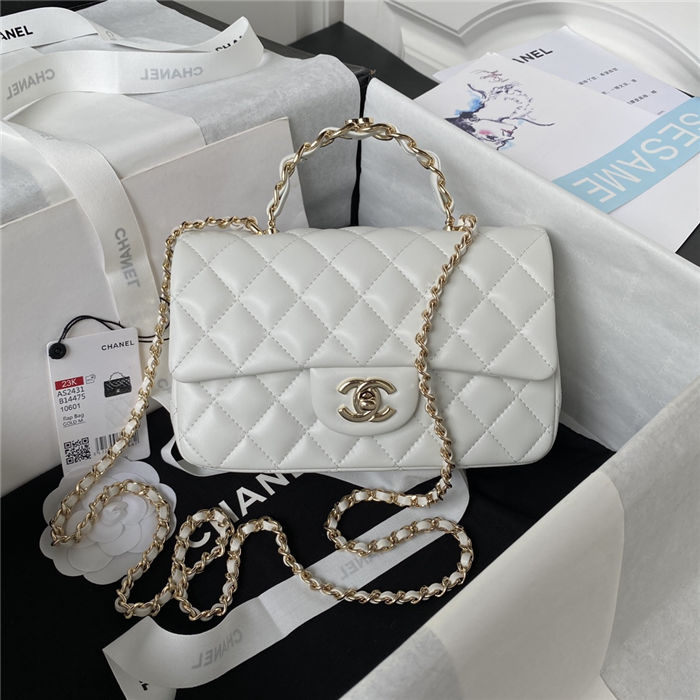 MINI FLAP BAG WITH TOP HANDLE AS2431N Lambskin & Gold-Tone Metal White A