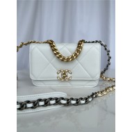 Chanel 19 WALLET ON CHAIN-A Shiny Lambskin, Gold/Silver-Tone & Ruthenium-Finish Metal White A