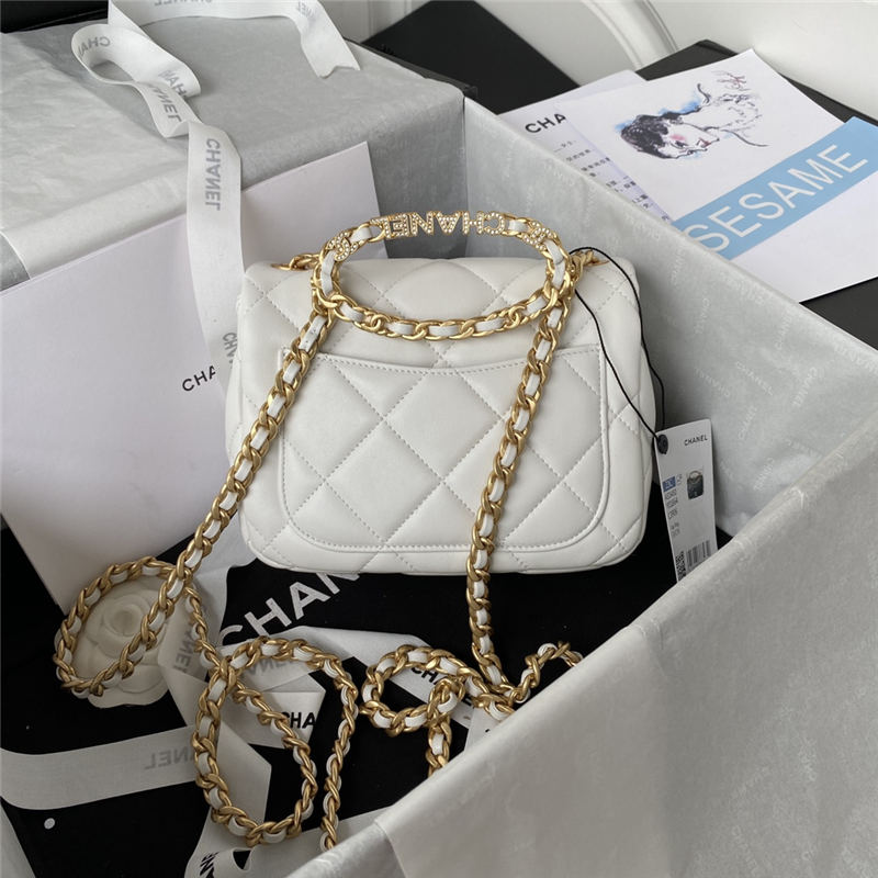 Chanel Mini Flap Bag with Handle Lambskin & Gold-Tone Metal AS3450 White A