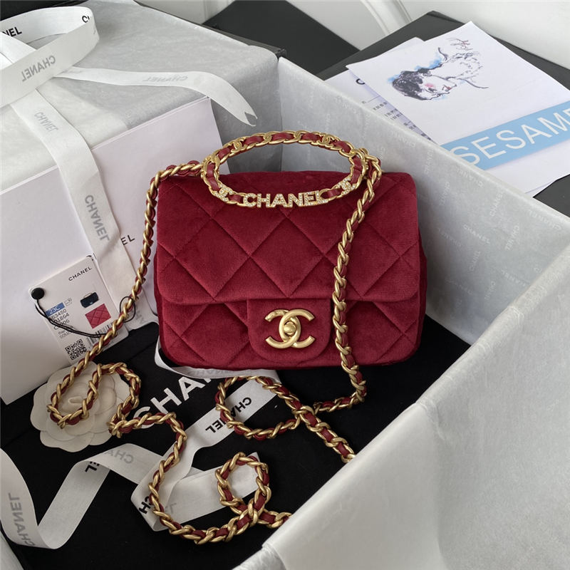 Chanel Mini Flap Bag with Handle Velvet & Gold-Tone Metal AS3450 Red A