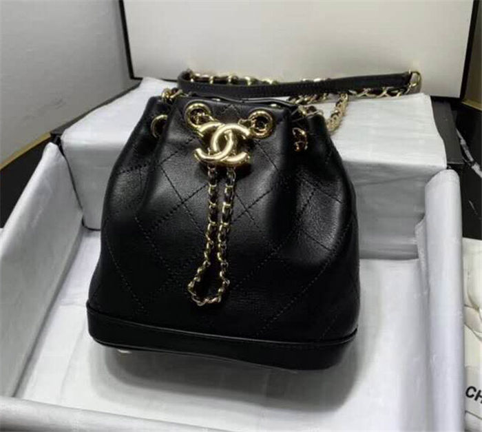 SMALL DRAWSTRING BAG Lambskin & Gold-Tone Metal Black High