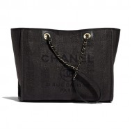 SHOPPING BAG Mixed Fibers, Calfskin & Gold-Tone Metal Black High