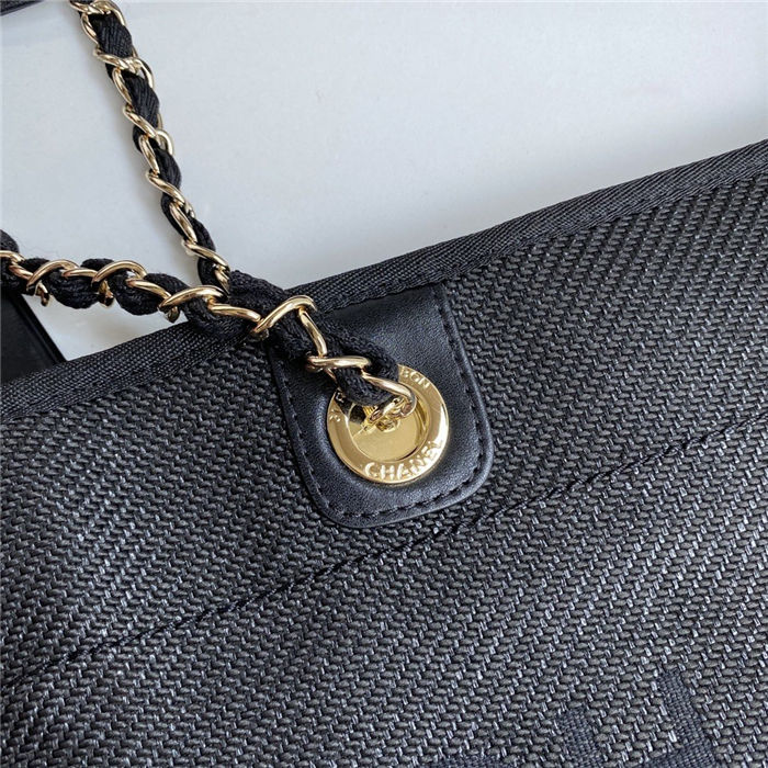 SHOPPING BAG Mixed Fibers, Calfskin & Gold-Tone Metal Black High