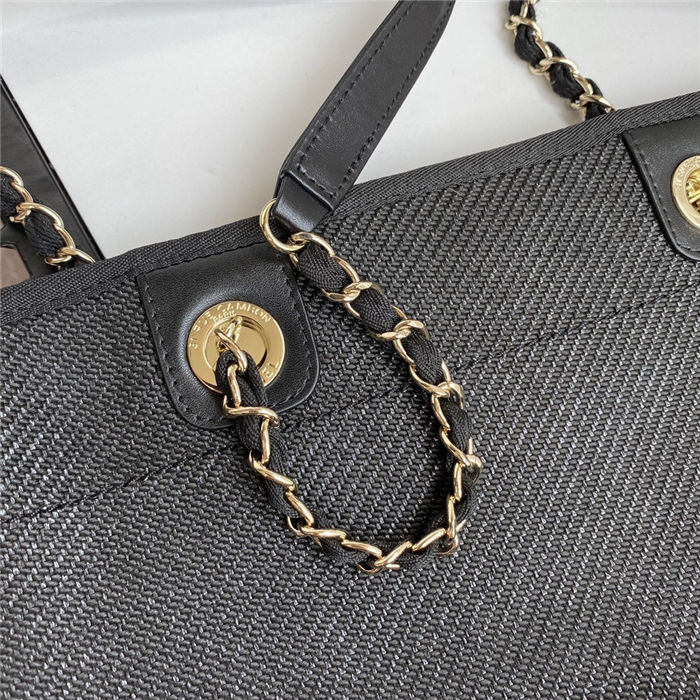 SHOPPING BAG Mixed Fibers, Calfskin & Gold-Tone Metal Black High