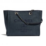 SHOPPING BAG Mixed Fibers, Calfskin & Gold-Tone Metal Navy Blue High