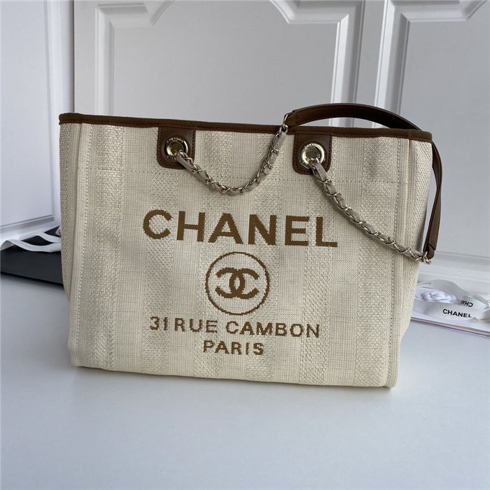 SHOPPING BAG Mixed Fibers, Calfskin & Gold-Tone Metal Beige Mid