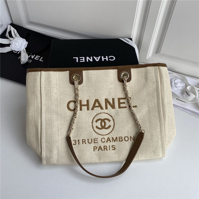 SHOPPING BAG Mixed Fibers, Calfskin & Gold-Tone Metal Beige High