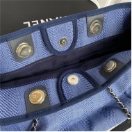 SHOPPING BAG Mixed Fibers, Calfskin & Gold-Tone Metal Navy Blue High