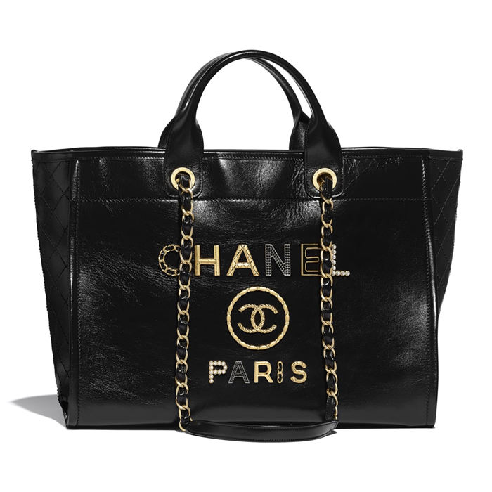 LARGE SHOPPING BAG Shiny Calfskin, Crystal Pearls, Strass, Enamel, Gold-Tone & Ruthenium-Finish Metal Black High