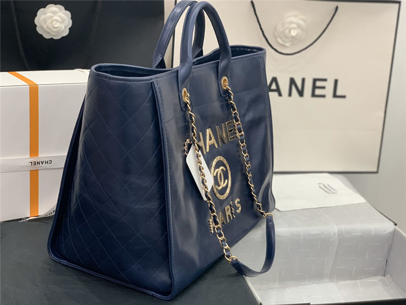 LARGE SHOPPING BAG Shiny Calfskin, Crystal Pearls, Strass, Enamel, Gold-Tone & Ruthenium-Finish Metal Navy Blue High