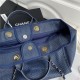 LARGE SHOPPING BAG Mixed Fibers, Calfskin & Gold-Tone Metal Navy Blue High