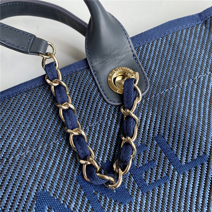 LARGE SHOPPING BAG Mixed Fibers, Calfskin & Gold-Tone Metal Navy Blue High