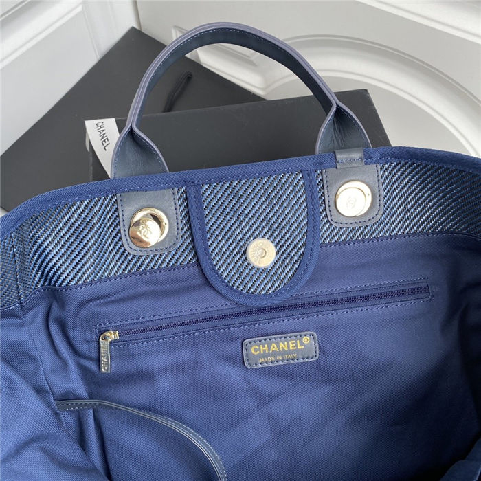 LARGE SHOPPING BAG Mixed Fibers, Calfskin & Gold-Tone Metal Navy Blue High