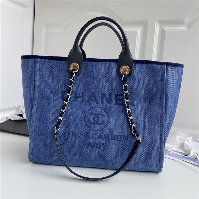 LARGE SHOPPING BAG Mixed Fibers, Calfskin & Gold-Tone Metal Navy Blue Mid