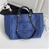 LARGE SHOPPING BAG Mixed Fibers, Calfskin & Gold-Tone Metal Navy Blue High