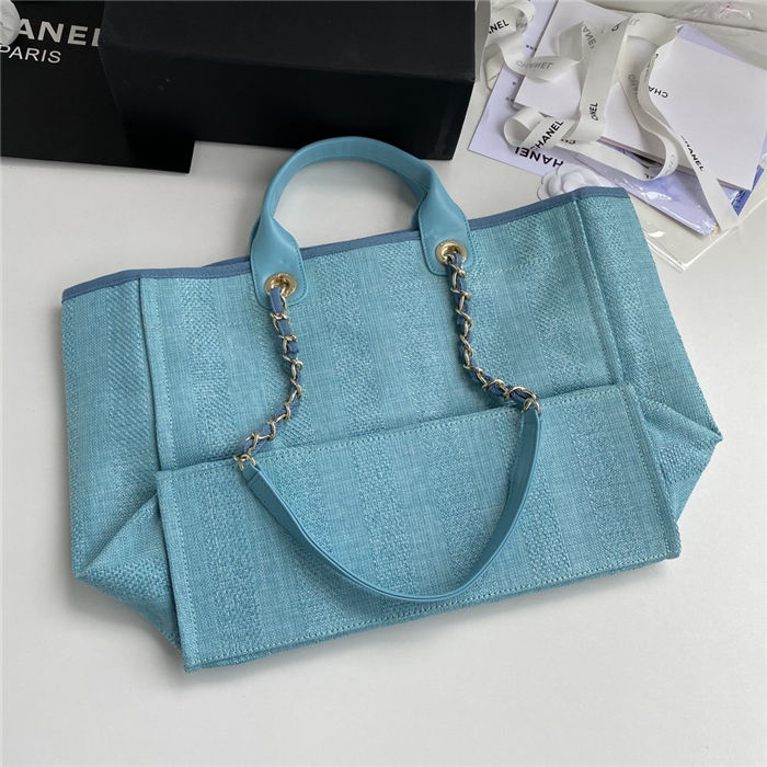 LARGE SHOPPING BAG Mixed Fibers, Calfskin & Gold-Tone Metal Blue High