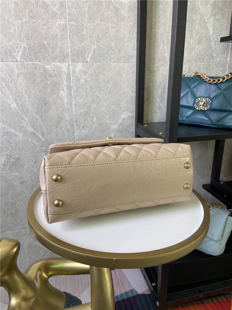 SMALL FLAP BAG WITH TOP HANDLE Shiny Calfskin Beige Gold Metal High