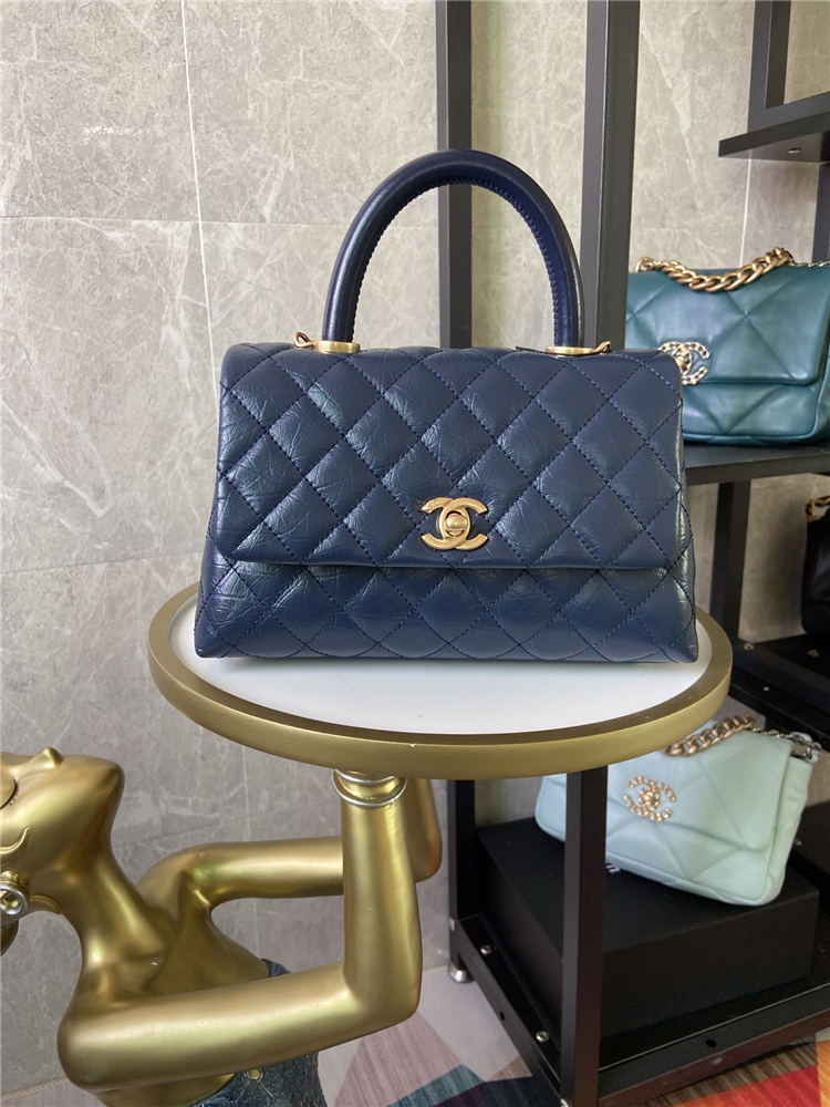 SMALL FLAP BAG WITH TOP HANDLE Shiny Calfskin Blue Gold Metal High