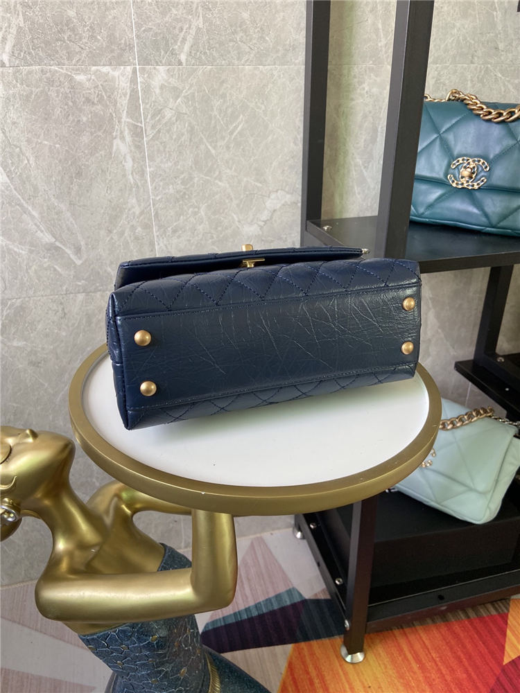 SMALL FLAP BAG WITH TOP HANDLE Shiny Calfskin Blue Gold Metal High