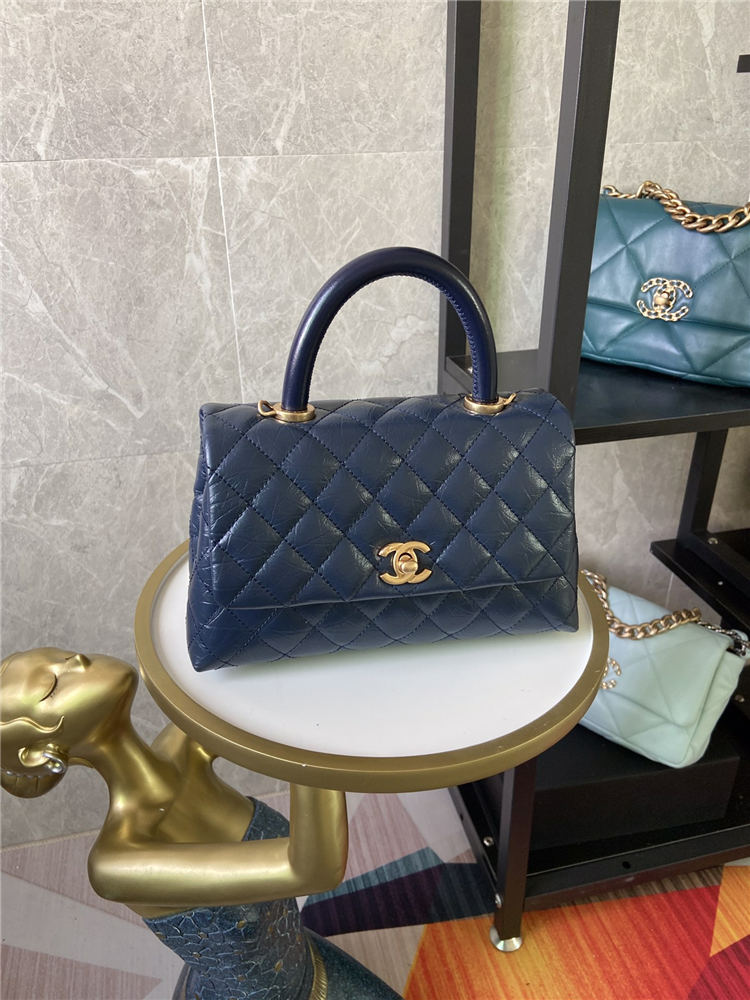 SMALL FLAP BAG WITH TOP HANDLE Shiny Calfskin Blue Gold Metal High