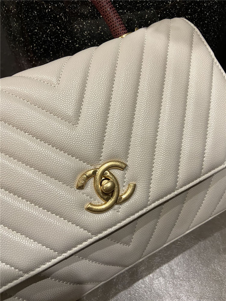 FLAP BAG WITH TOP HANDLE Chevrons Pattern Grained Calfskin Gold Metal High