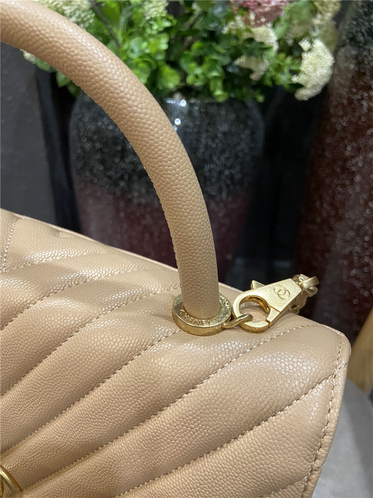 FLAP BAG WITH TOP HANDLE Chevrons Pattern Grained Calfskin Beige Gold Metal High