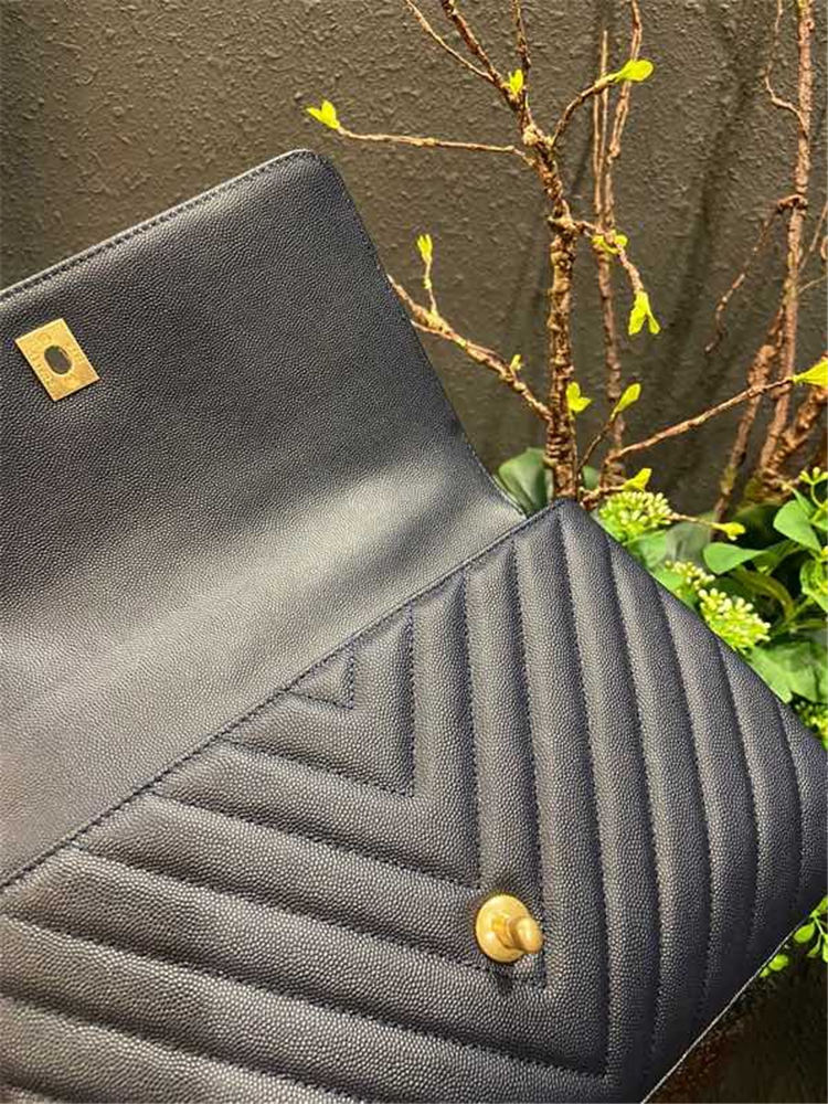 FLAP BAG WITH TOP HANDLE Chevrons Pattern Grained Calfskin Navy Blue Gold Metal High