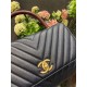 FLAP BAG WITH TOP HANDLE Chevrons Pattern Grained Calfskin Navy Blue Gold Metal High