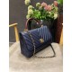 FLAP BAG WITH TOP HANDLE Chevrons Pattern Grained Calfskin Navy Blue Gold Metal High