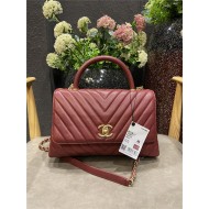 FLAP BAG WITH TOP HANDLE Chevrons Pattern Grained Calfskin Burgundy Gold Metal High