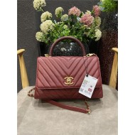 FLAP BAG WITH TOP HANDLE Chevrons Pattern Grained Calfskin Burgundy Gold Metal High