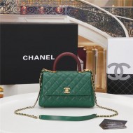 SMALL FLAP BAG WITH TOP HANDLE Grained Calfskin Green Gold Metal High